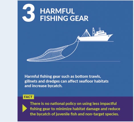 schadelijk vistuig zoals bodemtrawls, kieuwnetten en dreggen kan de habitats op de zeebodem aantasten en de bijvangst doen toenemen.